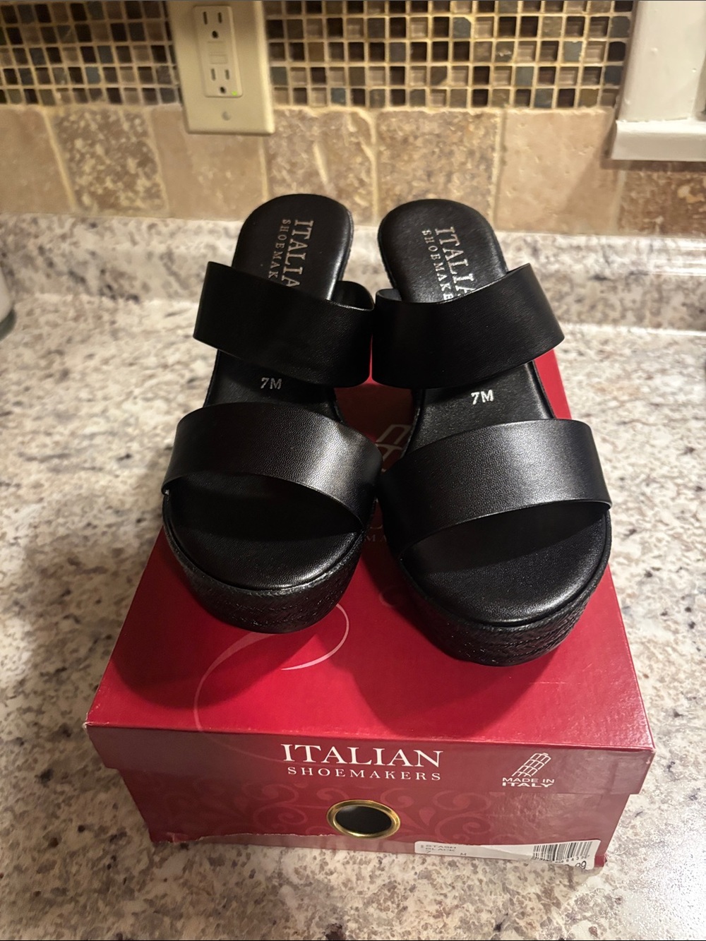 Italian Shoemakers Black Double-Strap Wedge Slides